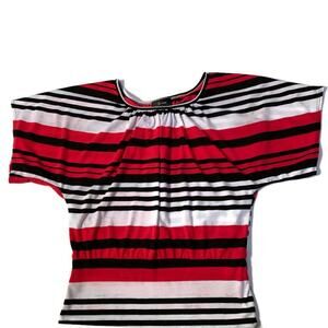 VINTAGE 80s Striped Top Medium M Wing Sleeve Medium White Black Red